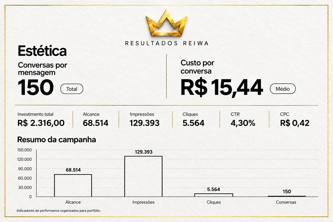 Painel da campanha de uma clínica de estética: 150 conversas por mensagem, custo de R$ 15,44 por conversa, R$ 2.316,00 investidos, 68.514 de alcance, 129.393 impressões, 5.564 cliques, CTR de 4,30% e CPC de R$ 0,42
